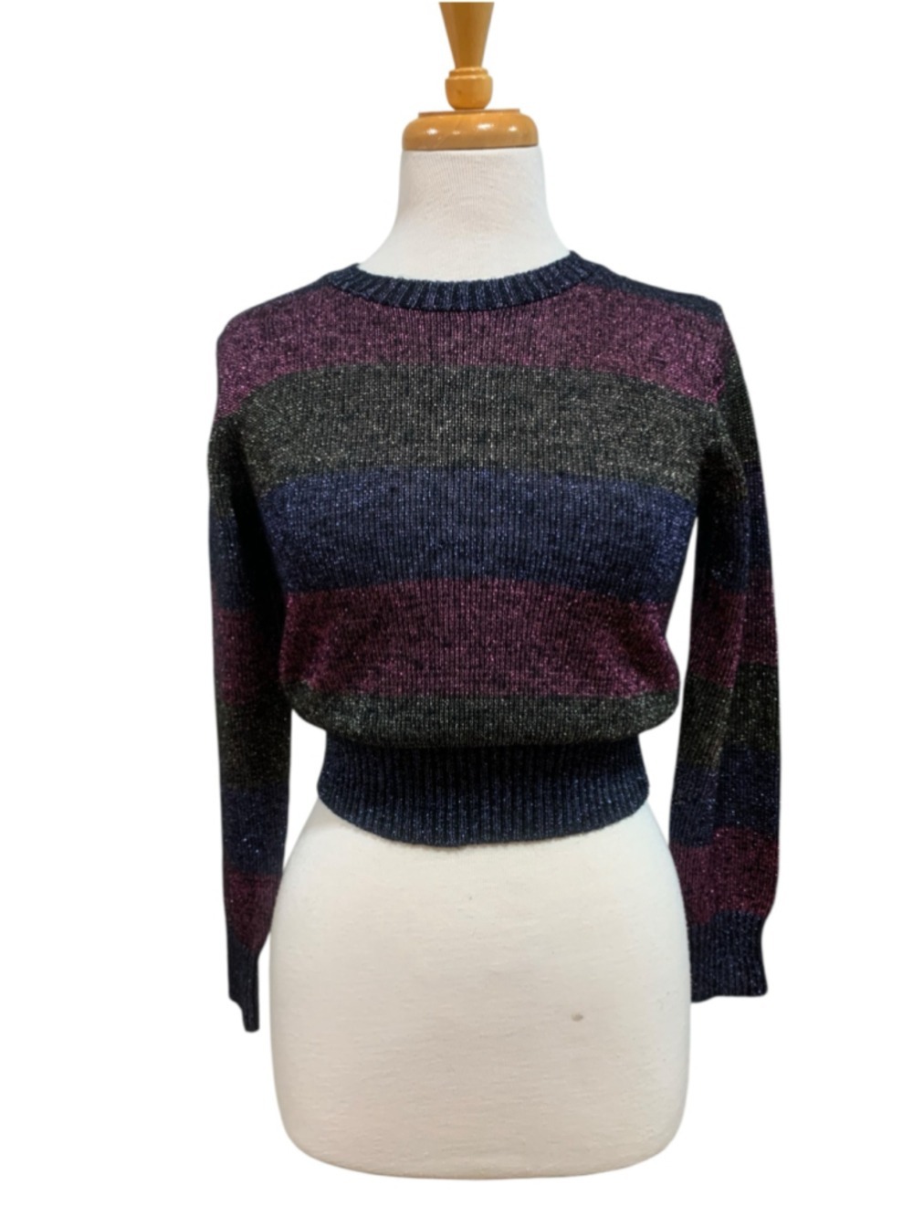 Vtg 80’sWomen's Topsville Striped Metallic Crew Neck Sweater Size S Purple Black